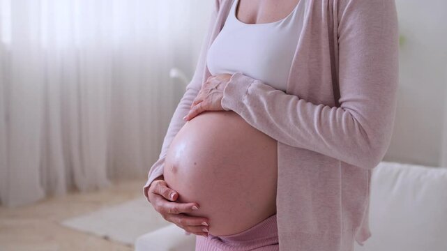 Close up shot of a pregnant Caucasian middle aged woman rub baby bump at home living room. Concept of a pregnancy, child expecting and affectionate.