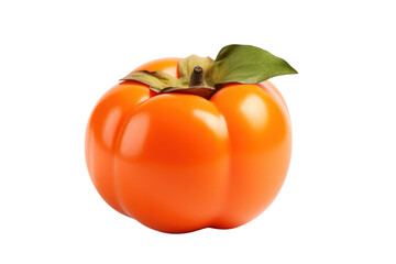 Close-up of a fresh, vibrant orange persimmon with a smooth, glossy texture and a green calyx on top, set against a clean white background