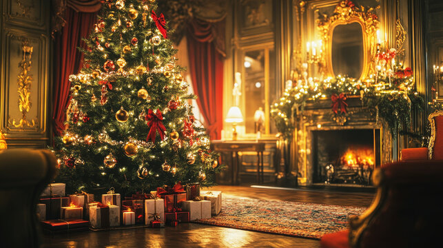 Elegant Victorian Christmas tree adorned with classic decorations in a charming mansion setting