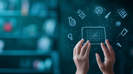 Two hands holding a learning icon shaped like a computer screen, with holographic representations of various subjects such as science, math, and art hovering around, in a vibrant b