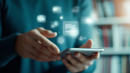 Hands raising a tablet icon, symbolizing e-learning, with an array of floating digital books, graphs, and virtual classrooms in the background, all set against a clean and bright b