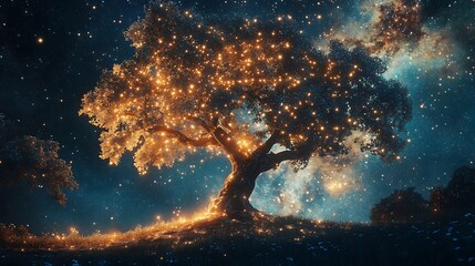 Fototapeta premium Grand tree underneath glowing starry sky at night picture