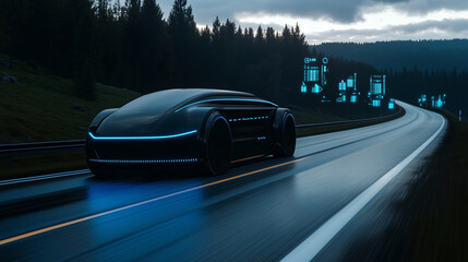 A streamlined autonomous truck with glowing blue lights along its sides, moving down an open road through a scenic futuristic countryside, with real-time AI data visualizations flo