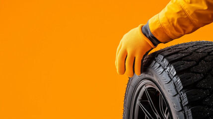 Fototapeta premium Mechanicâs gloved hands adjusting a rugged winter tire, the heavy-duty rubber standing out against a sharp orange background, illustrating seasonal readiness and professional skill