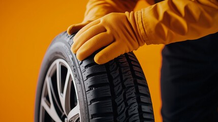 Fototapeta premium Mechanicâs gloved hands adjusting a rugged winter tire, the heavy-duty rubber standing out against a sharp orange background, illustrating seasonal readiness and professional skill