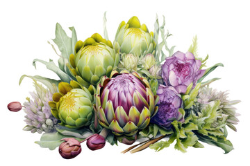 Fototapeta premium Artistic arrangement of artichokes in full bloom, showcasing their layered, vibrant petals with a clean white background