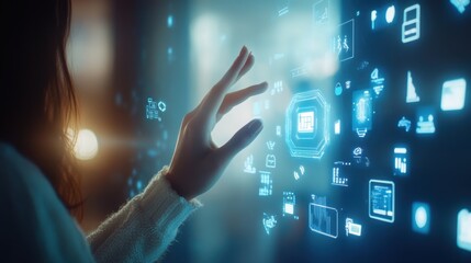 A woman hand reaching out to touch an AI bot icon, surrounded by floating creative services icons,  soft lighting,  ideal for technology, innovation, and digital interaction themes.