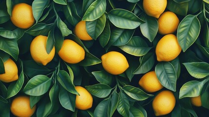 Close-up of vibrant yellow lemons and green leaves, forming a natural pattern.
