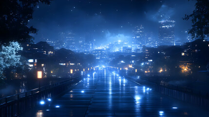 Nighttime Cityscape with Glowing Bridge and Stars