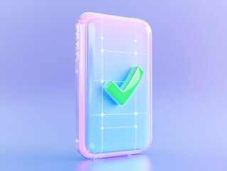 Mobile phone with check mark symbol on colorful gradient background.