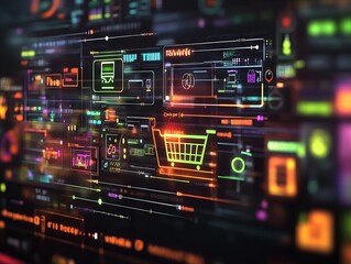 Fototapeta premium 2408 12.A sleek online shopping interface featuring a detailed digital shopping cart, with brightly colored icons for adding, removing, and selecting items. The virtual interface is layered with