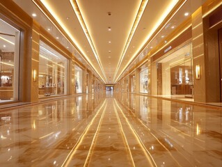 2408 16.A wide-angle view of a shopping mall corridor in Jakarta, with polished marble floors reflecting the soft, warm glow of cove lighting from the ceiling. The scene captures a luxurious