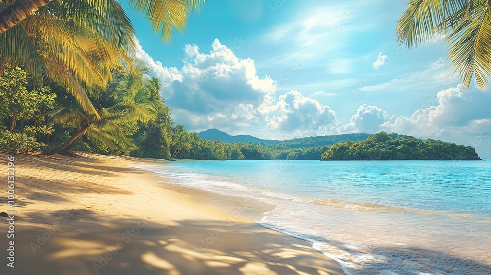 Poster Sea beach on island with tropical palm landscape. Ocean summer scene and lagoon shore holiday adventure paradise. Jungle coastline horizon view at sunny day. Empty vacation coast and seascape design 