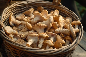Fototapeta premium Fresh Mushroom Arrangement on Wooden Table