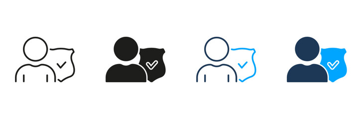 Secure Authentication, Human Data Protection Line and Silhouette Icon Set. Safety in Business Symbol. Security for User Pictogram. Editable Stroke. Isolated Vector Illustration