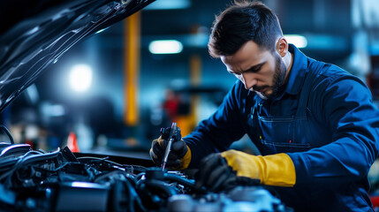 A mechanic, in a spotless workshop, methodically works on the engine of a car under the hood, his back to the camera, emphasizing the precision and care of his craft.