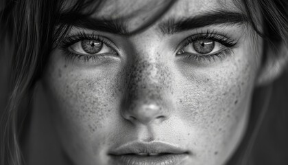 Intense Gaze of a Freckled Woman in Monochrome