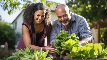 Smiling Couple Gardening Together in Sunlit Garden