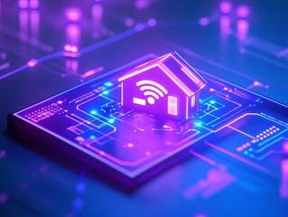 Fototapeta premium Smart home concept with glowing house and wireless signal on a digital circuit board.