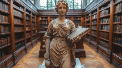 Fototapeta premium Statue of a Woman Holding a Book in a Classic Library
