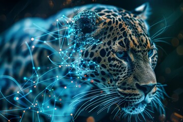 A stunning digital jaguar glows in a dark jungle, blending wildlife beauty with tech. GenerativeAI 