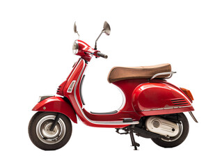 a red scooter with a brown seat