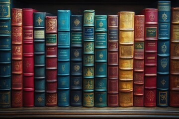 Naklejka premium Close-Up Shot of Colorful Books on a Shelf with Vibrant Background and Soft Lighting, Showcasing Detailed Cover Textures and Light Reflections in High-Resolution Photography