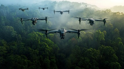 A group of robotic AI birds flying in perfect formation over a lush forest, their synchronized movements displaying the precision and teamwork of intelligent wildlife