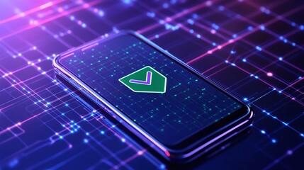 Smartphone with green shield symbol on a digital background, representing cybersecurity and protection.