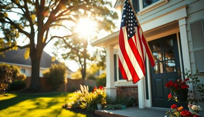 Naklejka premium A sunny day featuring the United States flag hanging on a porch of an independent house.