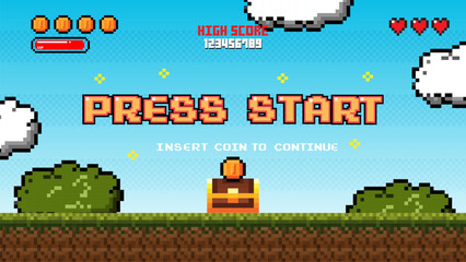 Press start.Pixel game win screen. Retro 8 bit video game interface with You Win text.winner pixel game background. video game level up background.pixel art illustration   © Maderla