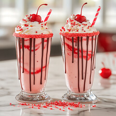 Cherry milkshake with whipped cream, chocolate, and cherry in tall glass cups on marble background with copy space