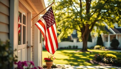 Naklejka premium A sunny day featuring the United States flag hanging on a porch of an independent house.