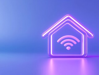 Stylish neon home with WiFi symbol, glowing on a gradient background. Perfect for modern tech concepts.