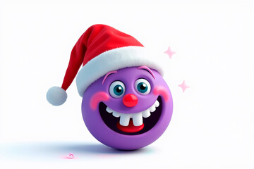 Illustration of a pleased and happy purple emoji in Santa Claus hat on white background