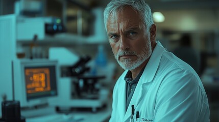 Senior Scientist in Laboratory Analyzing Data on Computer Screen. Network Doctor