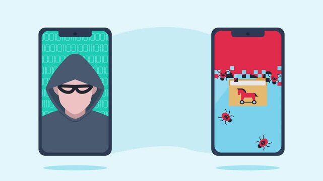 A hacker uses a phone to send a Trojan-infected folder of files to another phone. On the second phone, computer worms start to emerge from the folder and infect the device. The entire screen turns red