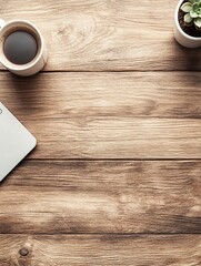 An overhead flat lay shot of a modern workspace setup on a rustic wooden desk.