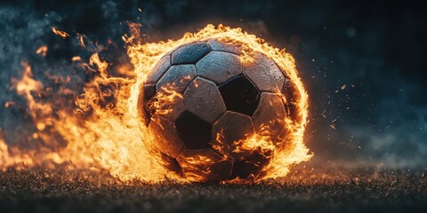 Fototapeta premium Soccer Ball Engulfed in Flames in Dramatic Fiery Motion
