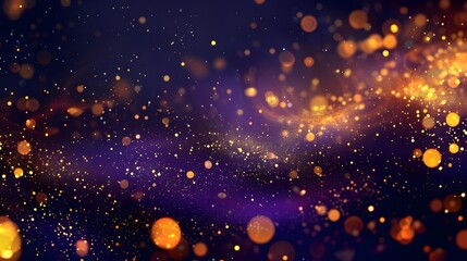 Abstract background with golden bokeh lights and purple haze.
