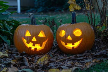 A scary spooky glowing carved halloween pumpkin lantern, Jack O' Lanterns.