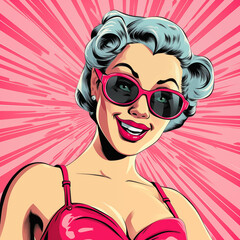 Pop art-style illustration of a woman with short silver hair, smiling confidently while wearing pink sunglasses, set against a striking pink radial background.