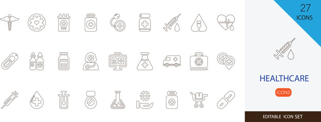 Healthcare simple line Icon Set. containing health, wellness, medicine,  diagnosis, treatment,  safety, and more stroke icons