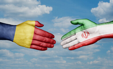 Iran and Romania country handshaking with flags, consensus concept international co-operation illustration