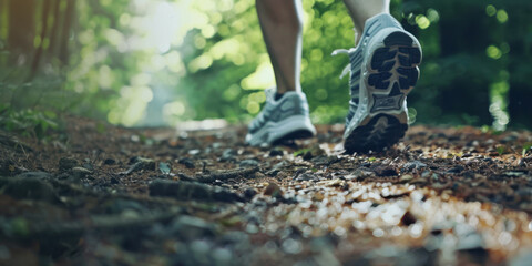  a runner's shoes mid-stride on a forest trail, with a shallow depth of field focusing on the shoes