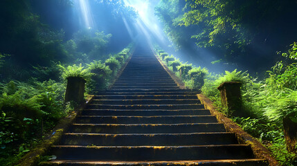 Stone Steps Leading Upward Through a Lush Forest with Sunbeams Shining Through the Canopy