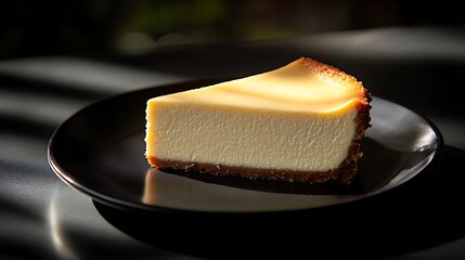 Minimalist presentation of a plain cheesecake slice on a glossy black surface, ambient light reflecting softly on the plate, dark background, cheesecake in perfect focus, elegant shadows,
