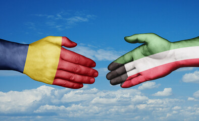 Kuwait and Romania country handshaking with flags, consensus concept international co-operation illustration