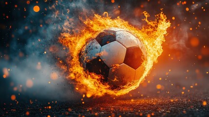 Fototapeta premium Soccer Ball Engulfed in Flames in Dramatic Fiery Motion