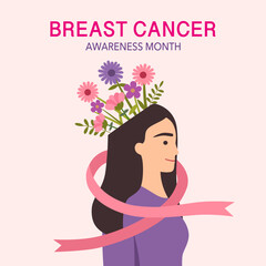 Breast Cancer Awareness Month. Woman with a pink ribbon in flat design. Women’s health disease prevention campaign.